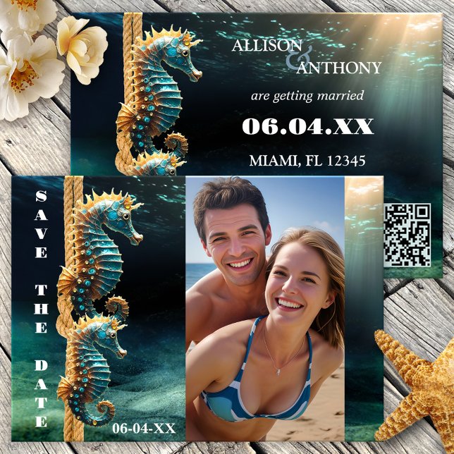Faire-part Hippocampe nautique Ocean Photo Enregistrer la dat (Save the Date card featuring your photo on an underwater scene with seahorses tying the knot - QR)