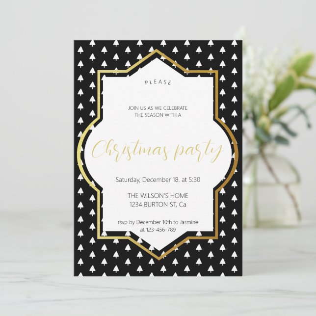 Faire-part Hiver blanc sur la fête de Noël noire et or (Debout devant)