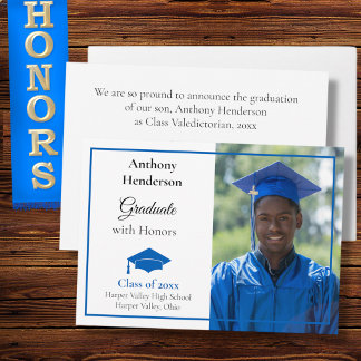 Faire-part Honors Graduation Announcement Blue Cap and Photo
