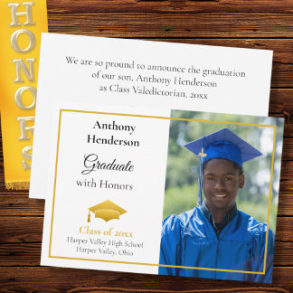 Faire-part Honors Graduation Announcement Gold Cap and Photo