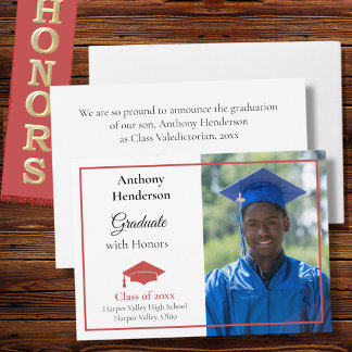 Faire-part Honors Graduation Announcement Red Cap and Photo