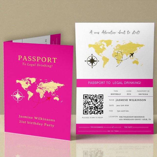 Faire-part Hot Pink Passport Style 21st Birthday Party  (colors can be changed just message with the color hex code you want and ill be happy to change it.)