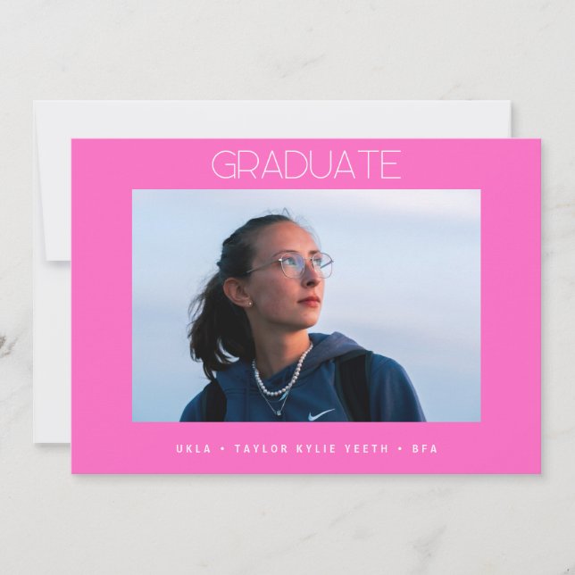 Faire-part hot rose simple grise école photo diplômé (Devant)