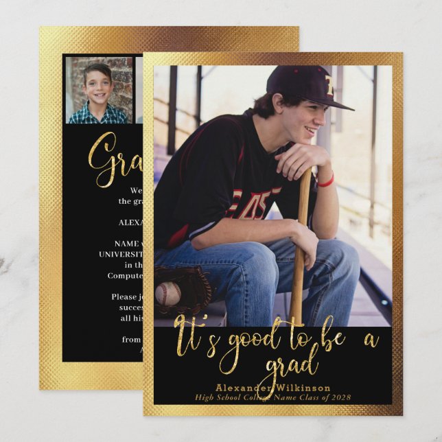 Faire-part IL EST BON D’ÊTRE UN GRAD Gold Script 4 Photo Grad (Devant / Derrière)