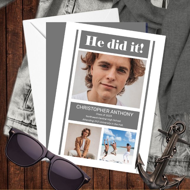 Faire-part Il L'A Fait Simple Minimaliste Graduation Gris (Créateur téléchargé)