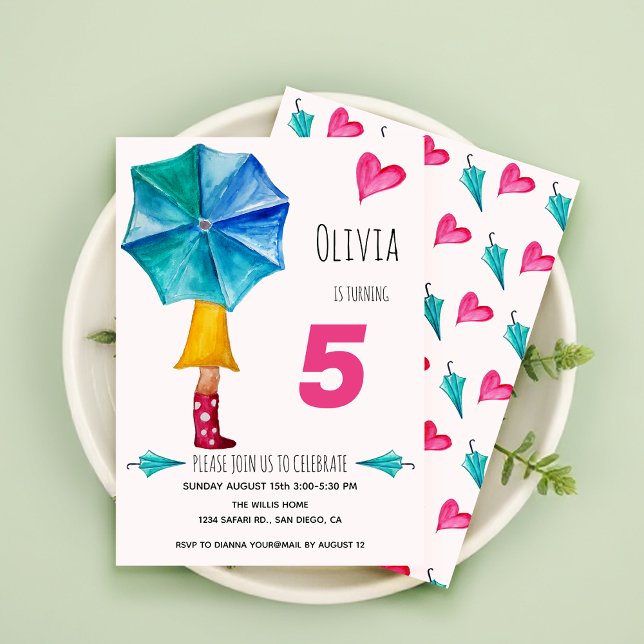 Faire-part Illustration d'aquarelle moderne de fille paraplui (Créateur téléchargé)