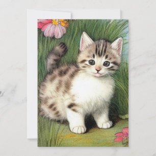 Faire-part Illustration vintage de chat avec Fleurs rouges