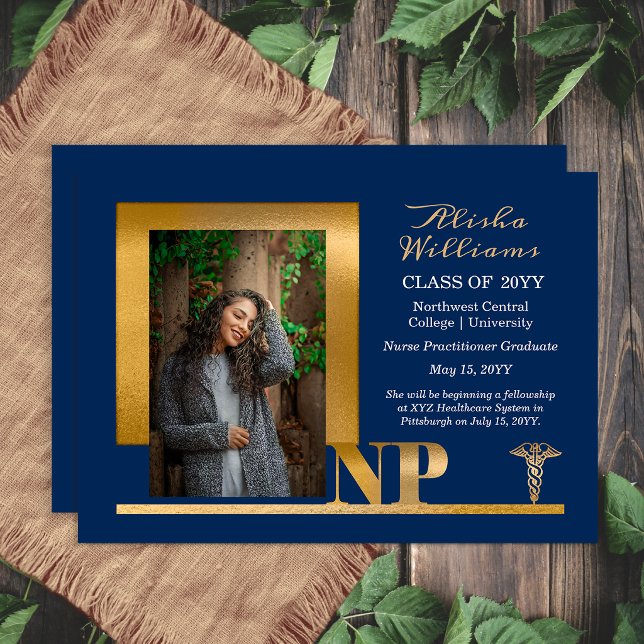 Faire-part Infirmière praticienne Elegant Blue Gold NP (Elegant blue and gold NP graduation announcement with modern photo layout)