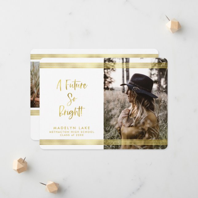 Faire-part Inspirational Gold Stripe Photo Graduation (Devant/Arrière en situation)