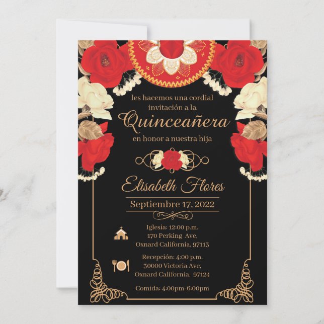 Faire-part Invitacion Charro Invitation, Rouge, Noir et Or (Devant)