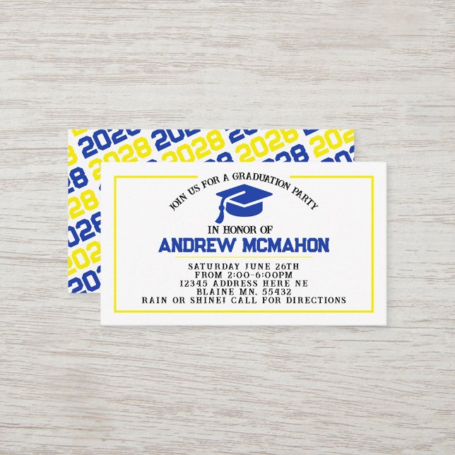 Faire-part Invitation bleu jaune Insertion (Blue & Yellow Mini Graduation Invitations for friends, classmates, teammates or announcement inserts)