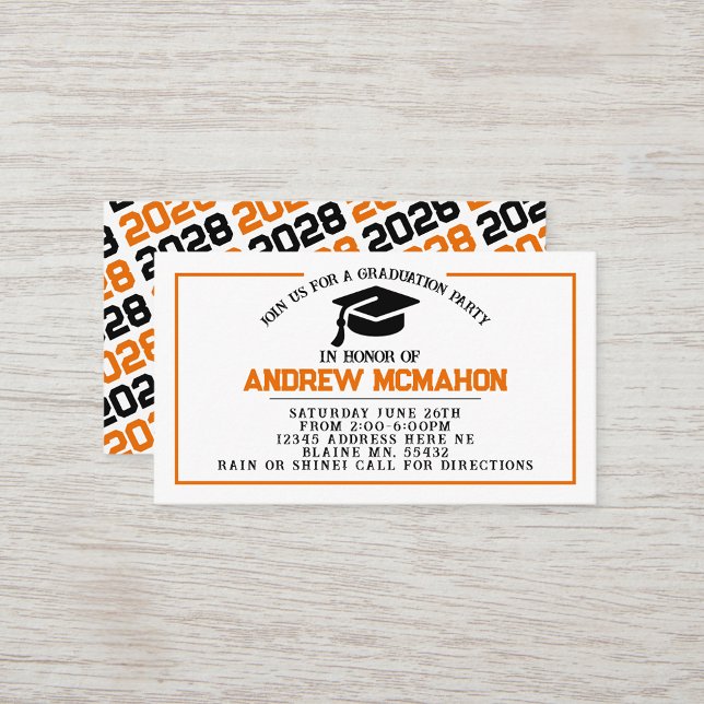 Faire-part Invitation de graduation noir orange In (Orange & Black Mini Graduation Invitations for friends, classmates, teammates or announcement insert)