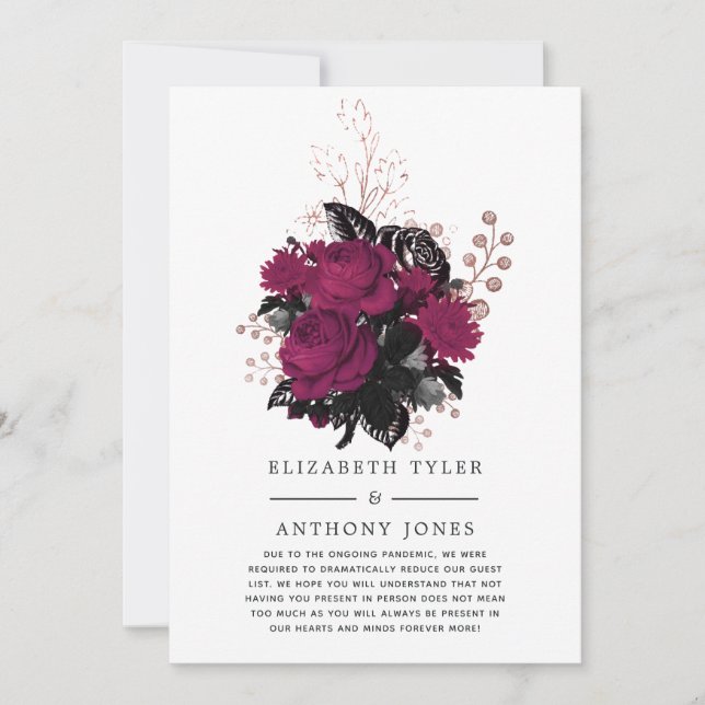 Faire-part Invité de mariage à florale Marsala et or rose réd (Devant)