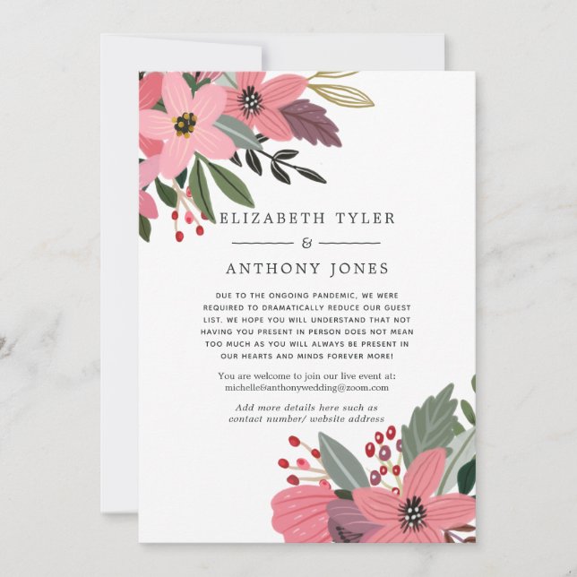 Faire-part Invités de mariage réduits avec des fleurs roses,  (Devant)