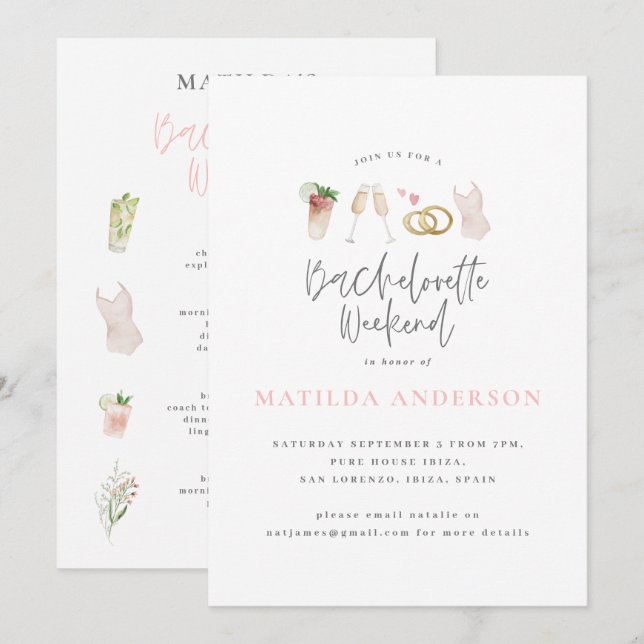 Faire-part Itinéraire chic bachelorette champagne rose (Devant / Derrière)