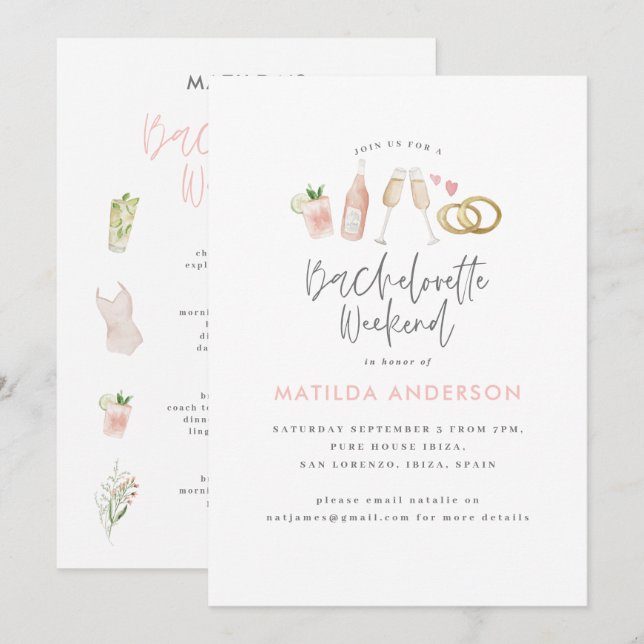 Faire-part Itinéraire de bachelorette chic champagne rose (Devant / Derrière)