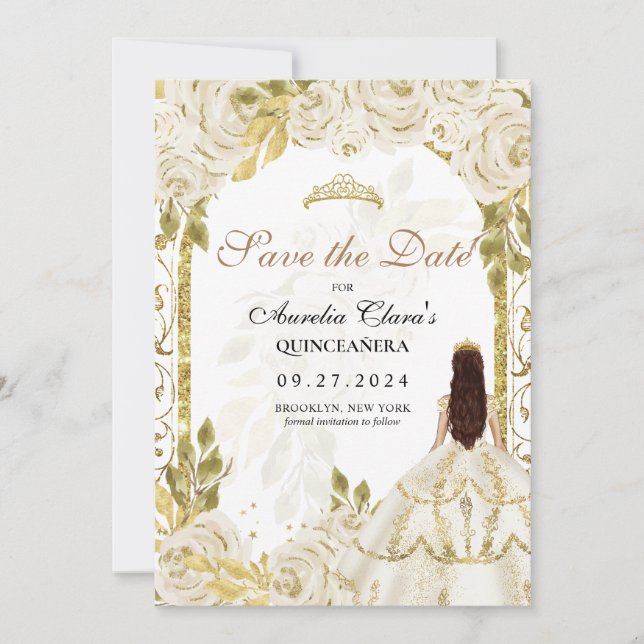 Faire-part Ivy Blanc Floral Princesse Or Arc Quinceanera (Devant)