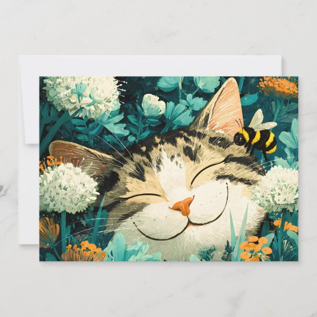 Faire-part Jardin de fleurs de chat endormi abeille aquarelle (Devant)