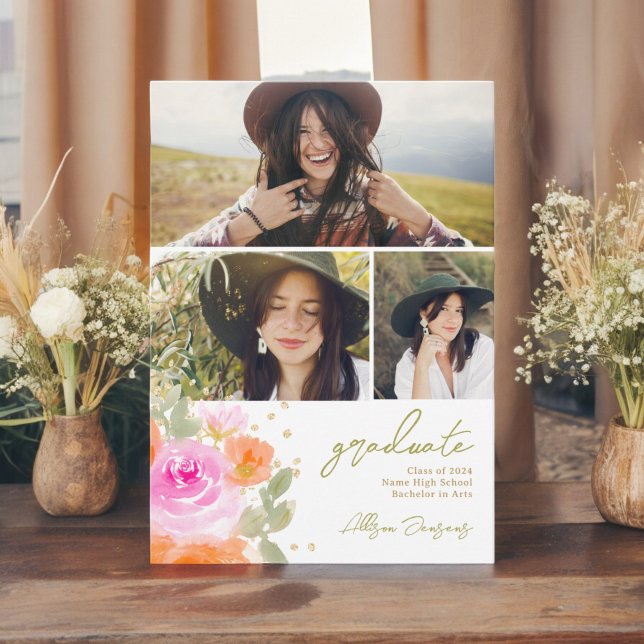 Faire-part Jardin orange fleurs sauvages 3 photos graduation (Garden orange wildflowers 3 photos graduation announcement)