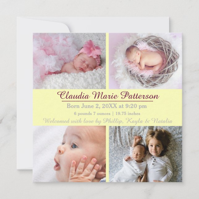 Faire-part Jaune 4 Photos - Annonce de Naissance (Devant)