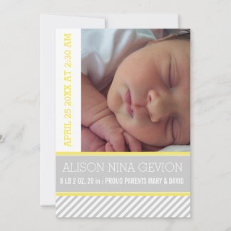 Faire-part Jaune moderne et élégant, gris rayé naissance bébé