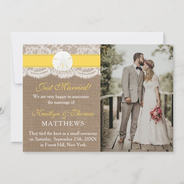 Faire-part Jaune Sable Dollar Plage Mariage Photo Mariage (Devant)