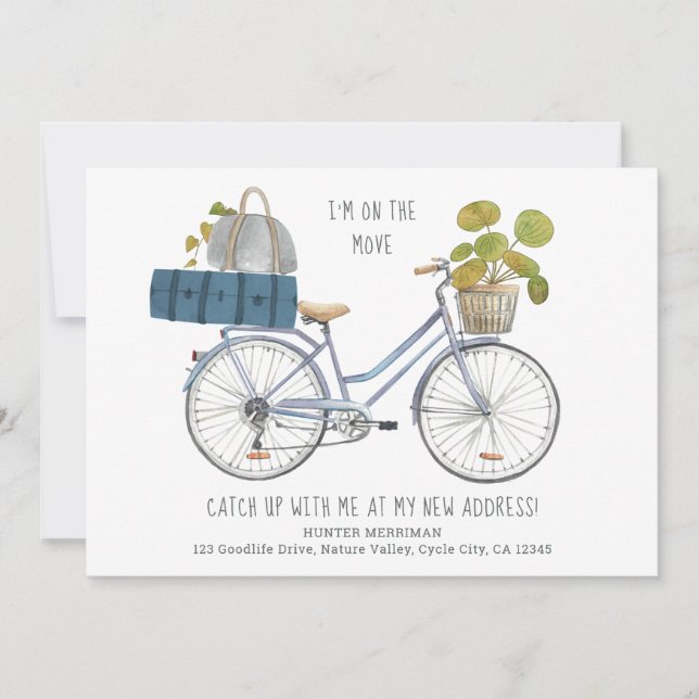 Faire-part Je déménage - Vélo et bagages - Blague sur un démé (Devant)