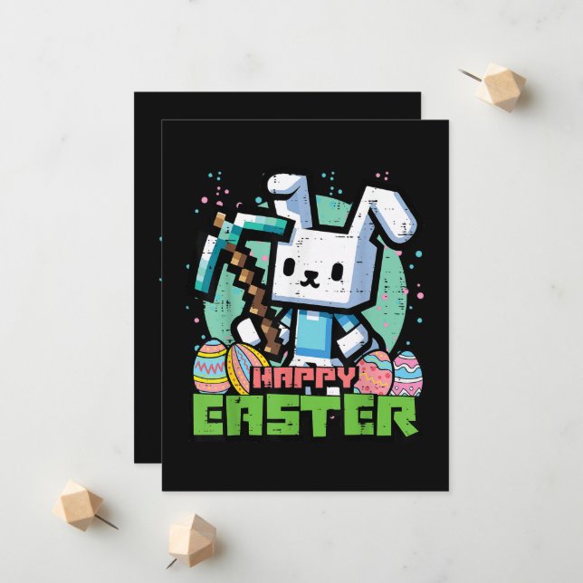 Faire-part Jeu de pixels de lapin de Pâques heureux  (Devant/Arrière en situation)