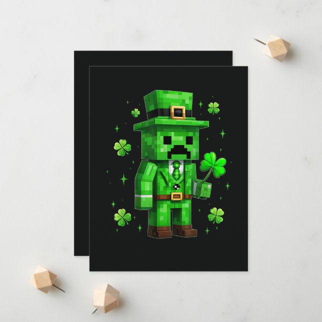 Faire-part Jeu vidéo drôle de la Saint-Patrick sur le Leprech (Devant/Arrière en situation)
