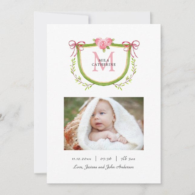 Faire-part Joli blason floral avec monogramme pour la naissan (Devant)