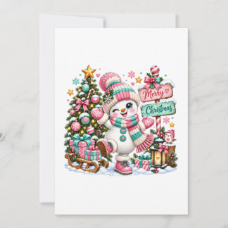 Faire-part Joli Bonhomme de Neige Rose de Noël