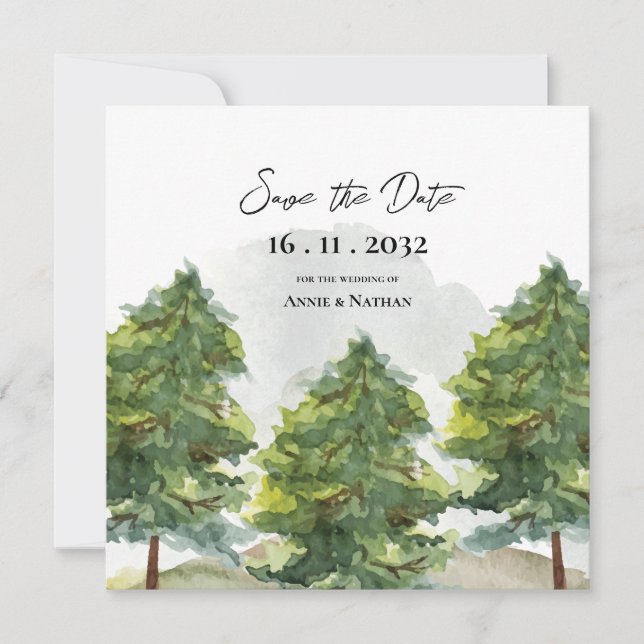 Faire-part Jolie aquarelle Arbres Paysage Monogramme Mariage (Devant)