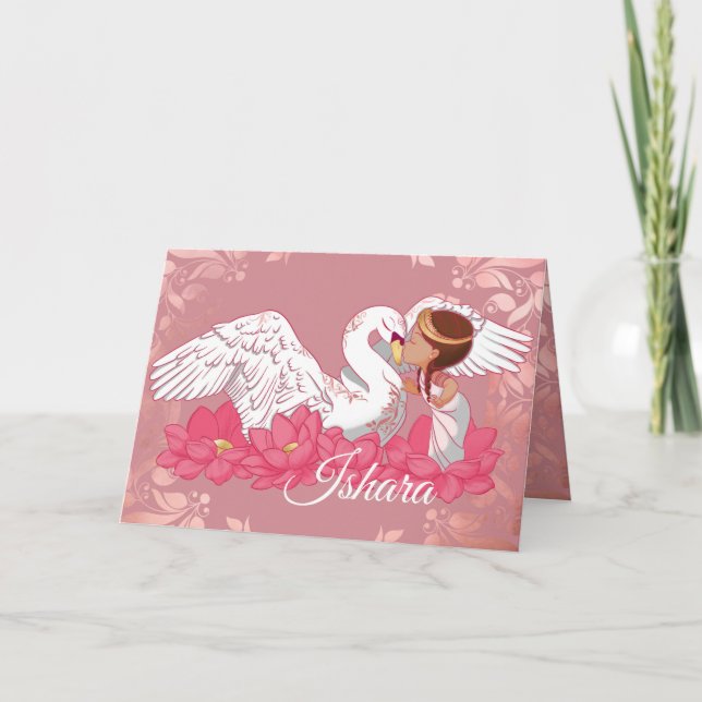 Faire-part Jolie petite fille Saraswati avec son cygne blanc (Devant)