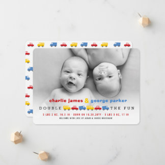 Faire-part Jouets pour garçons Transport coloré jumeaux garço