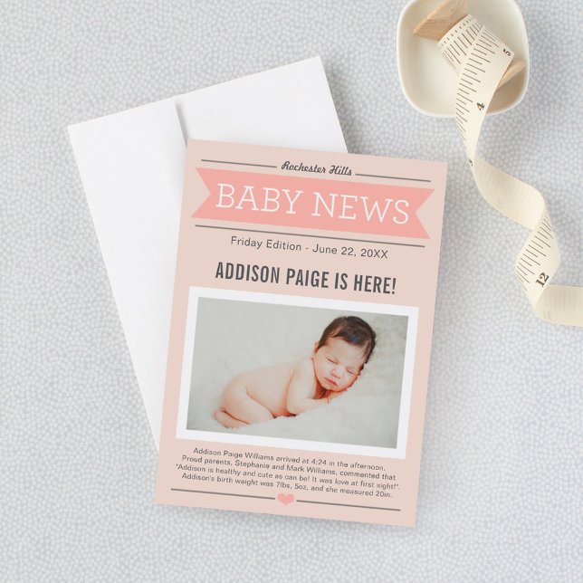 Faire-part Journal Bébé Fille Rose Blush Photo Naissance (Créateur téléchargé)