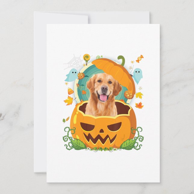 Faire-part Joyeux Halloween Citrouille Golden Retriever Chien (Devant)