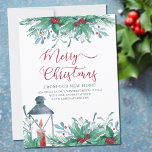Faire-part Joyeux Noël de New Home Watercolor Holly<br><div class="desc">Aquarelle Carte de faire-part mobile de vacances avec saint, mistletoe, une lanterne traditionnelle à bougie et la verdure d'hiver. Joyeux Noël est lettré à la main et le design peut être édité pour une seule personne d'une famille. Le texte dit "joyeux noël de ma / notre nouvelle maison [votre nouvelle...</div>