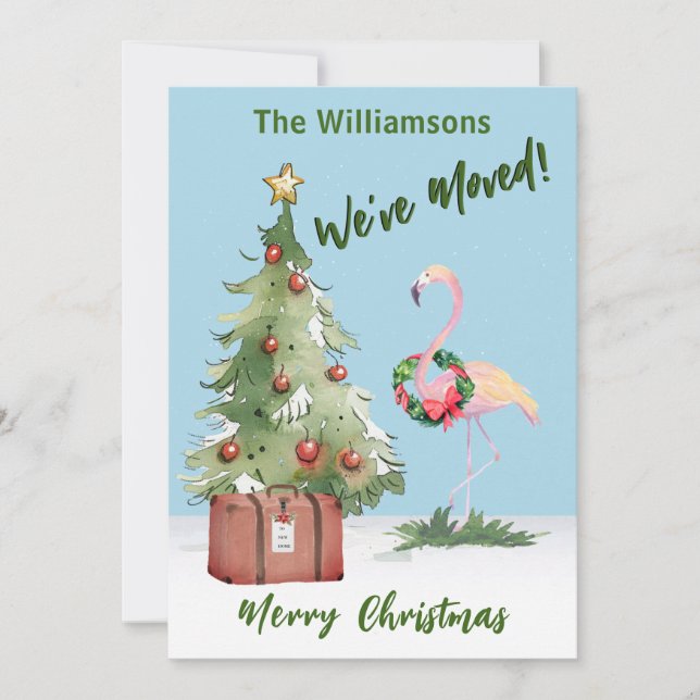 Faire-part Joyeux Nous avons déménagé Flamant rose sapin de N (Devant)