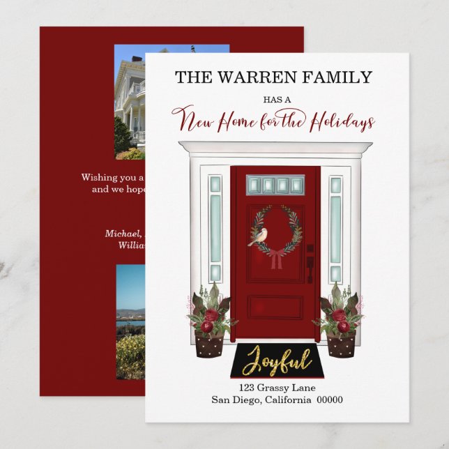 Faire-part Joyeux | Nouvelle maison pour les fêtes Porte Roug (Devant / Derrière)
