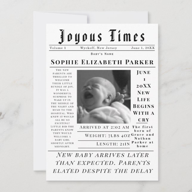 Faire-part Joyous Newborn Times Birth (Devant)