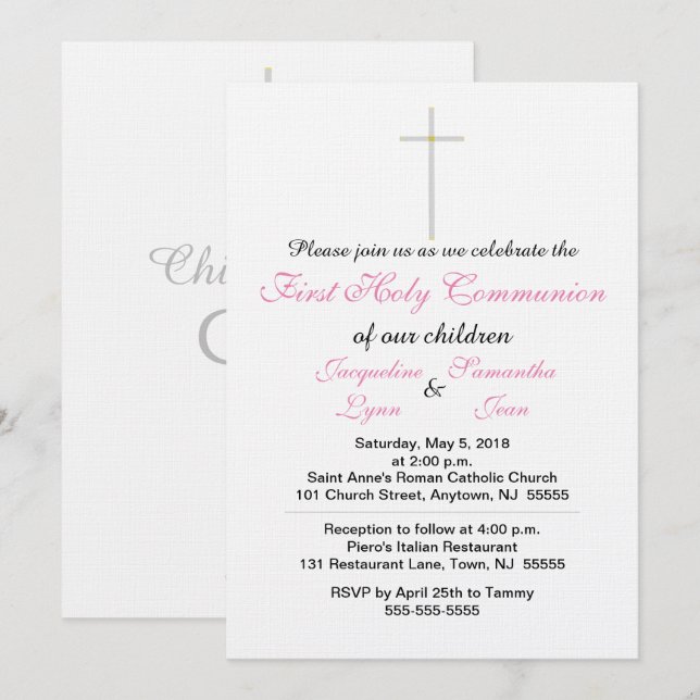 Faire-part jumeaux rose pour première communion (Devant / Derrière)