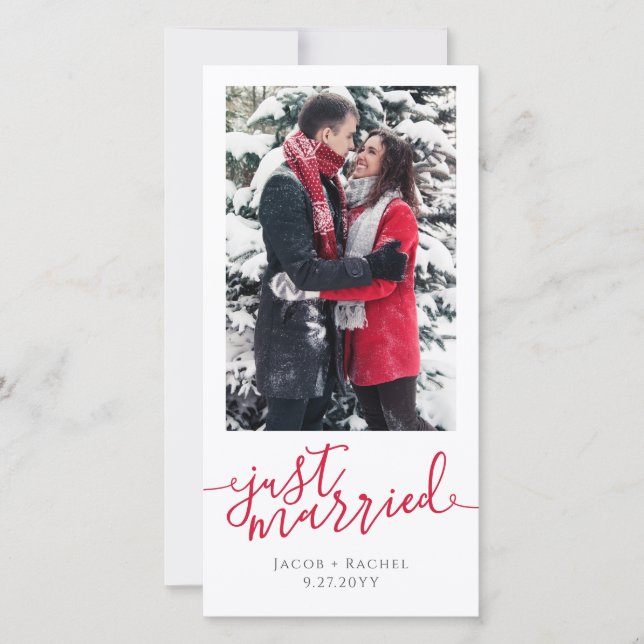 Faire-part Juste marié Rouge Script photo Mariage de Noël (Devant)