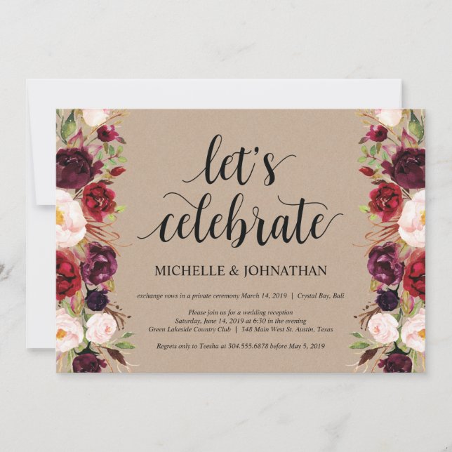 Faire-part Kraft de réception de mariage floral en (Devant)
