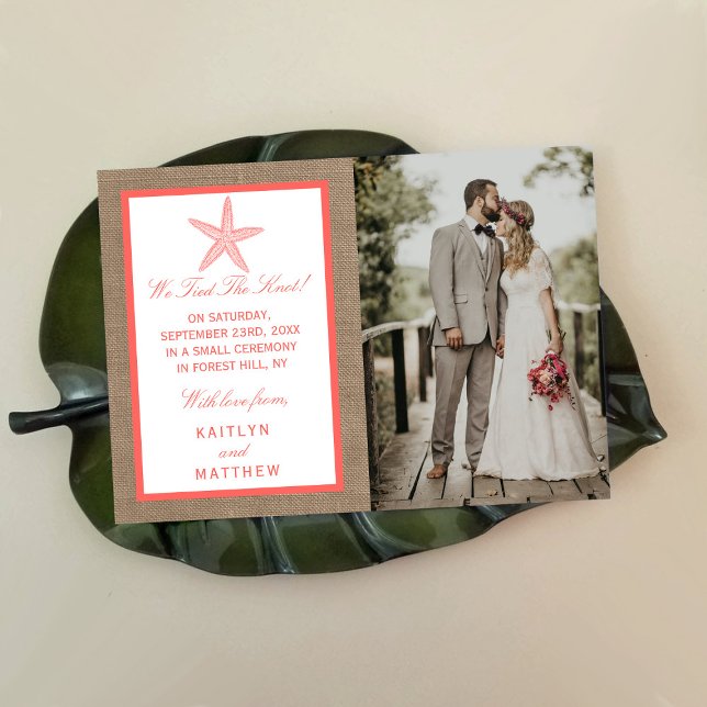 Faire-part La collection de mariages de Coral Starfish Burlap (Créateur téléchargé)