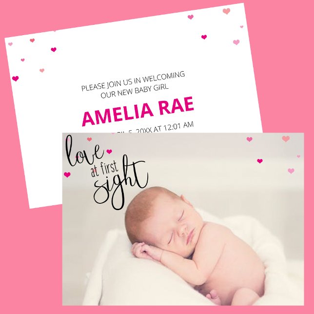 Faire-part L'Amour À La Première Vue Naissance Du Bébé (Pink love at first sight photo birth announcement card with pink hearts)