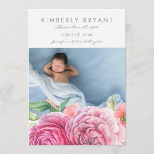 Faire-part L'aquarelle rose fleurit la naissance de bébé de