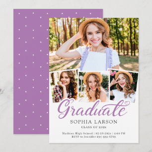 Faire-part Lavande Purple Script 4 Photo Collage Graduation