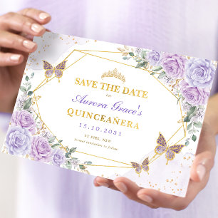 Faire-part Lavender Gold Roses Quinceanera Enregistrer la dat