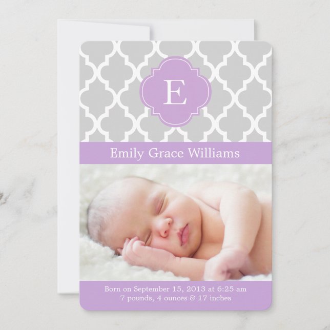 Faire-part Lavender Quatrefoil Monogram Annonces de naissance (Devant)