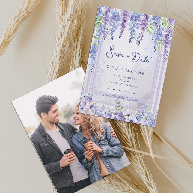 Faire-part Lavender Wisteria Garden Romantic Photo Wedding (Lavender Wisteria Garden Photo Save the Date Card | Purple Floral Wedding Announcement)